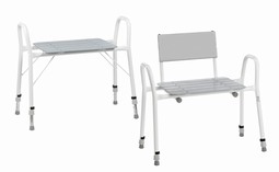Shower Bench with Plastic Slatted Seat - click to see picture in full size - opens new window Shower Bench with Plastic Slatted Seat