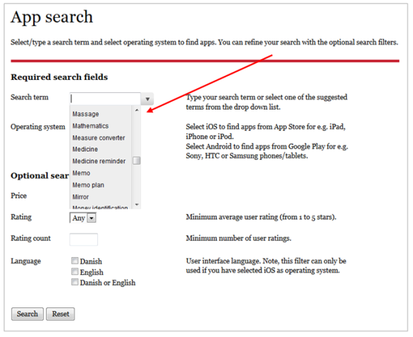 AssistData app search page displaying drop down list at the search input field