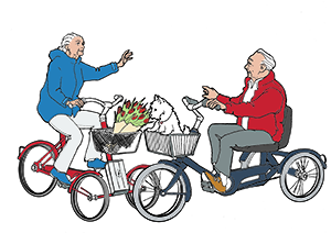 Two cyclists on tricycles meet and say hello